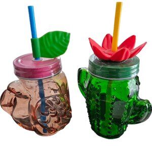 NEW Pink Flamingo & Green Cactus Glass Tumblers with Straws